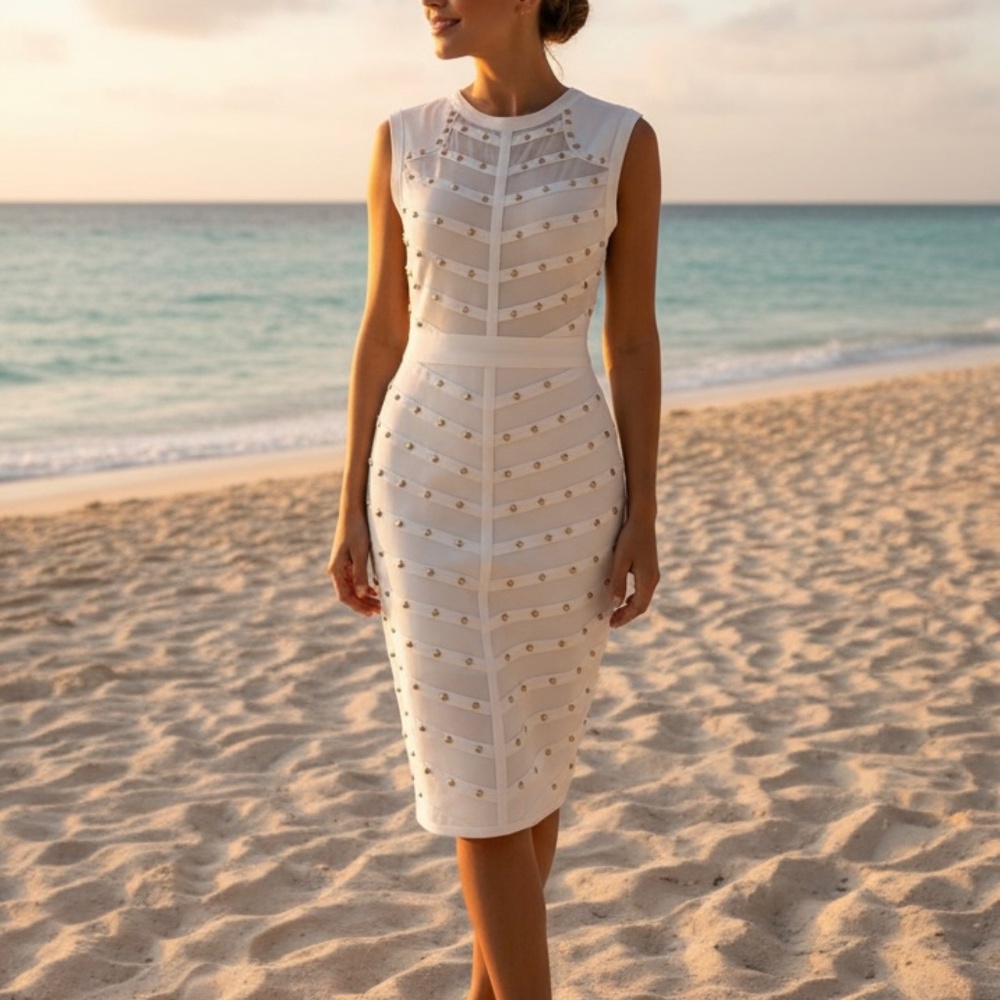 #A097 FT INC Romantic White Studded Vintage Bodycon Dress NWT XL - Picture 3 of 13